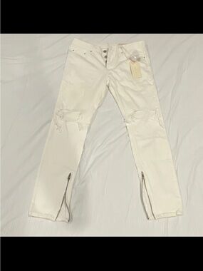 MNML White Slim Distressed Jeans with Zip Hems